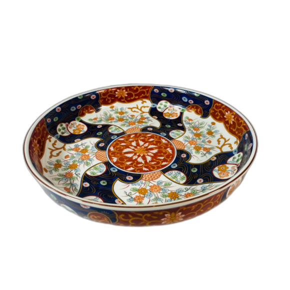 OMC Japan Hand Painted Shallow Bowl Blue Red White - Picture 1 of 7